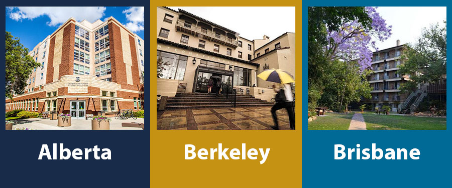 1 of 5, Trio of photos of International House exterior buildings. From left: Alberta, Berkeley, and Brisbane