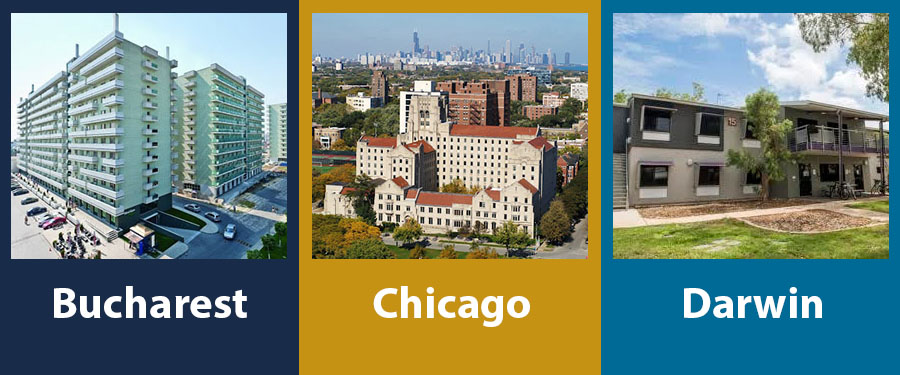 2 of 5, Trio of photos of International House exterior buildings. From left: Bucharest, Chicago, and Darwin
