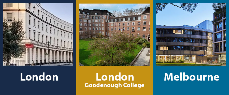 4 of 5, Trio of photos of International House exterior buildings. From left: London, London-Goodenough College, and Melbourne