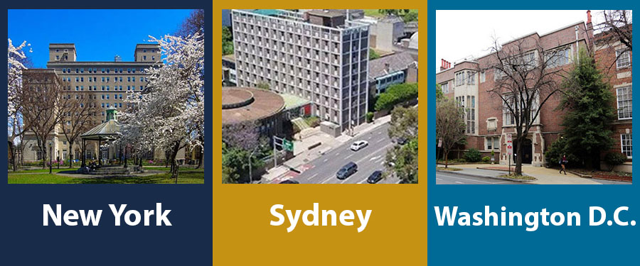 5 of 5, Trio of photos of International House exterior buildings. From left: New York, San Diego, and Sydney