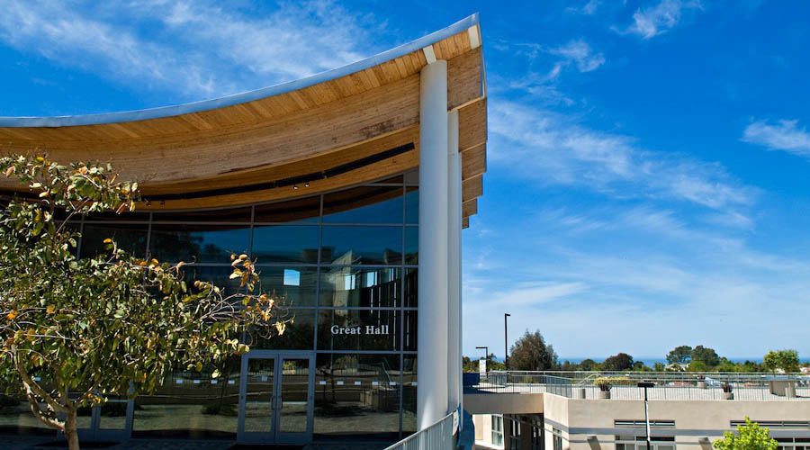 1 of 18, Great Hall exterior, daytime, with trees - UC San Diego