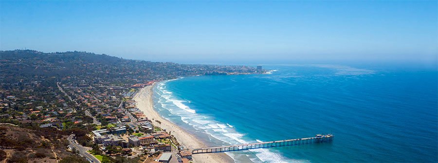 Aerial view of La Jolla Shores and village, and Scripps Pier - photo UC San Diego Communications and Public Affairs