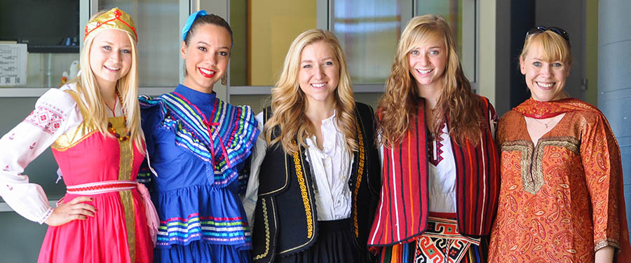 Students in colorful international costumes, I-Plus program, International House, UC San Diego